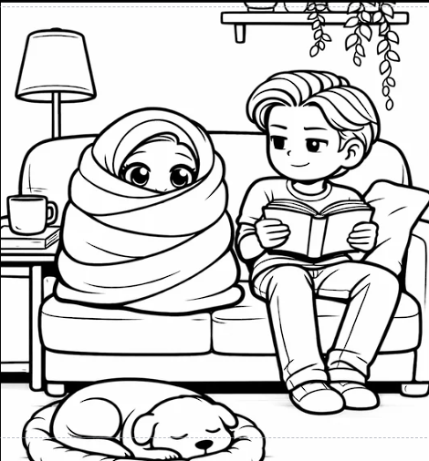 Blanket and reading coloring page preview