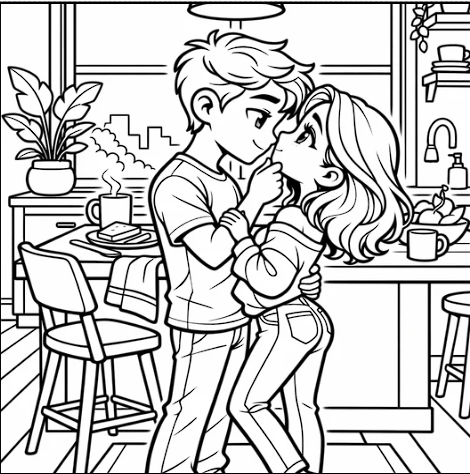 Kitchen couple coloring page preview