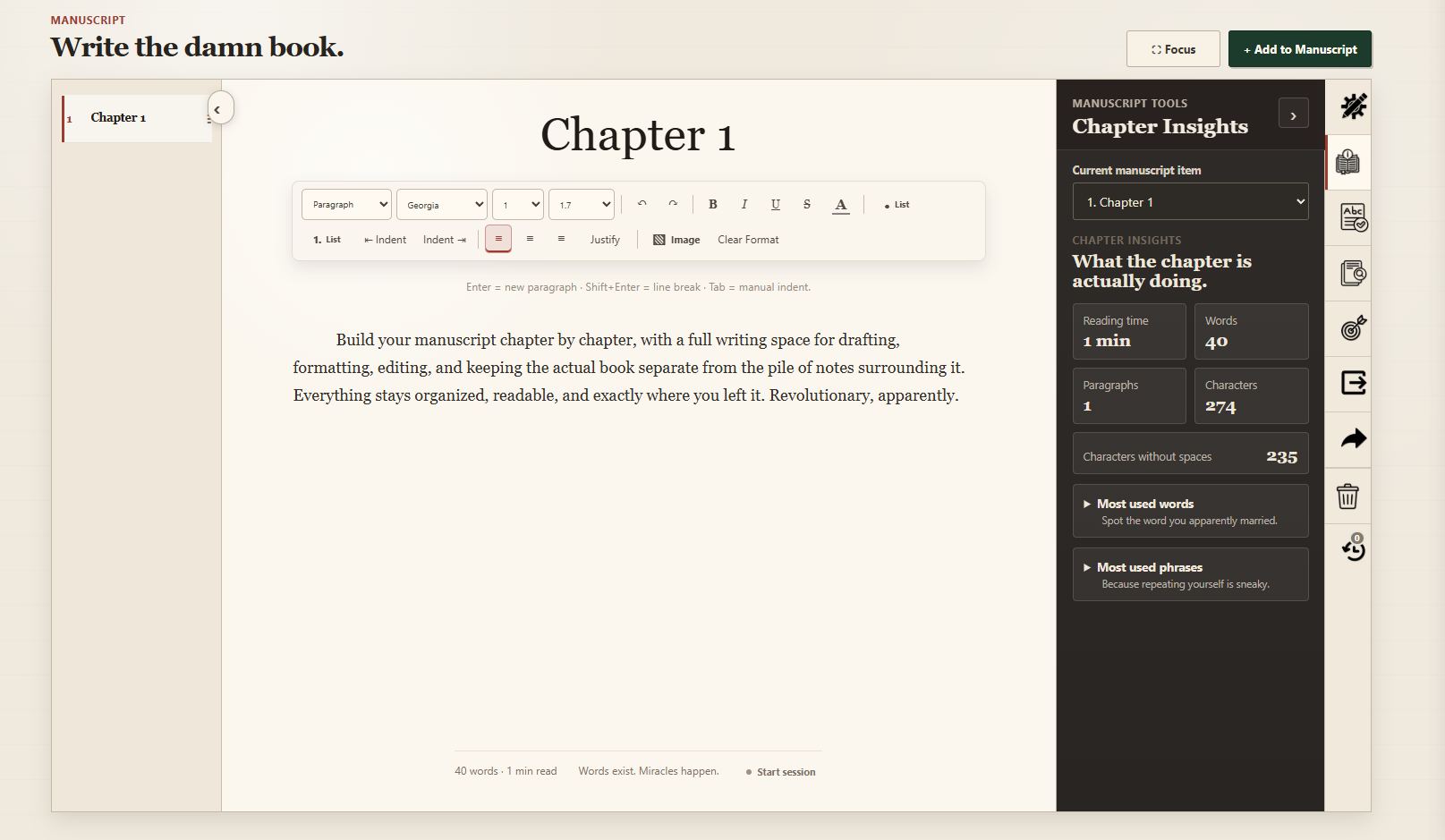 PeciaDesk manuscript editor with Chapter Insights panel open