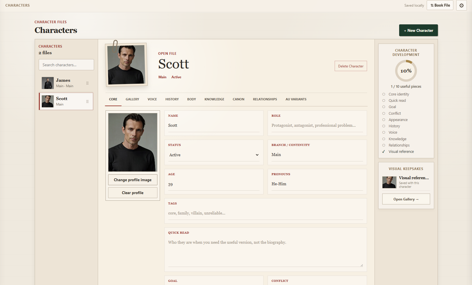 PeciaDesk character file with profile image and development fields