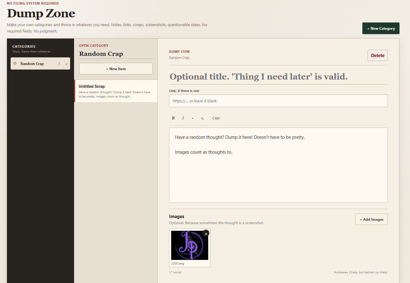 PeciaDesk Dump Zone with custom category, note, link, and image