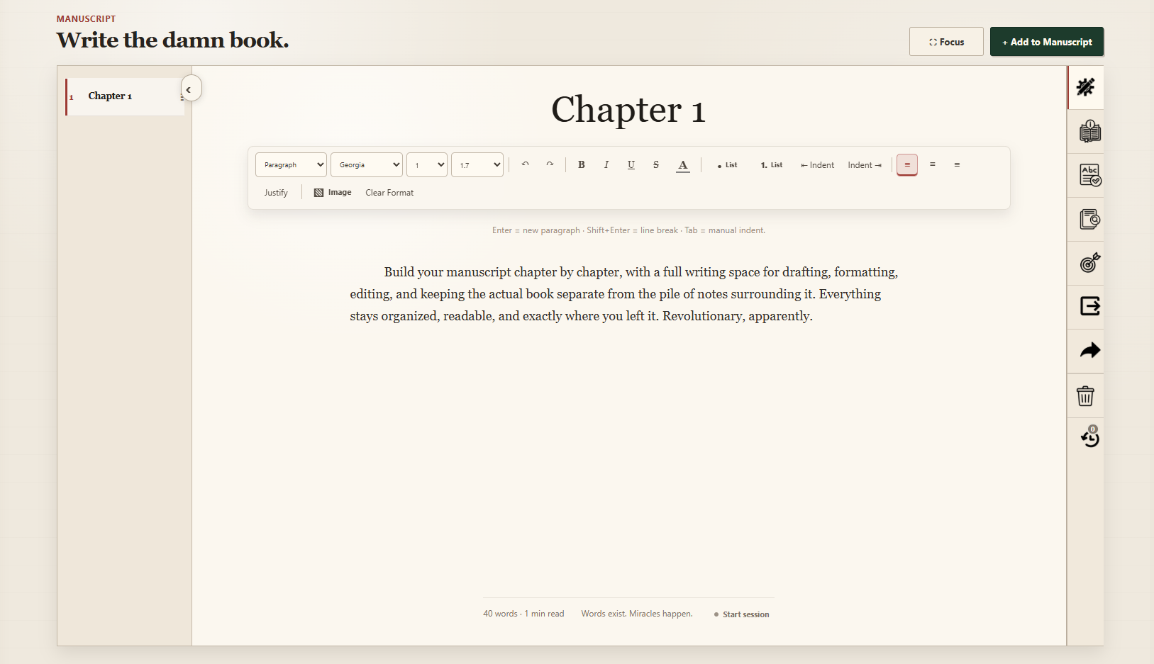 PeciaDesk manuscript editor with Chapter 1 open