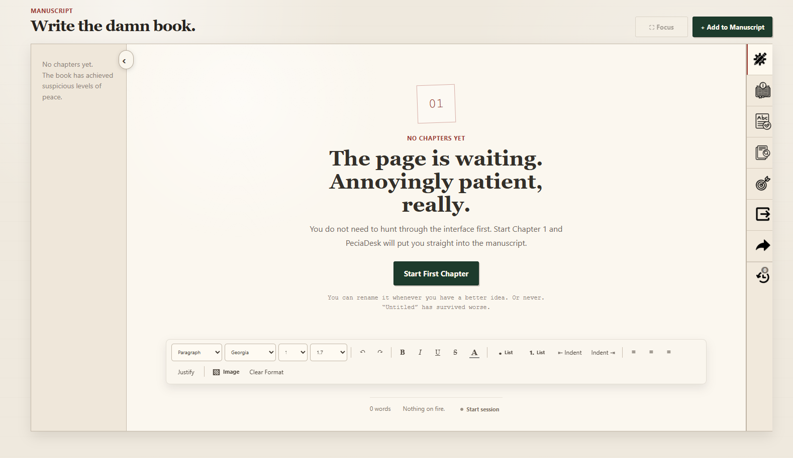 PeciaDesk screen for starting the first manuscript chapter