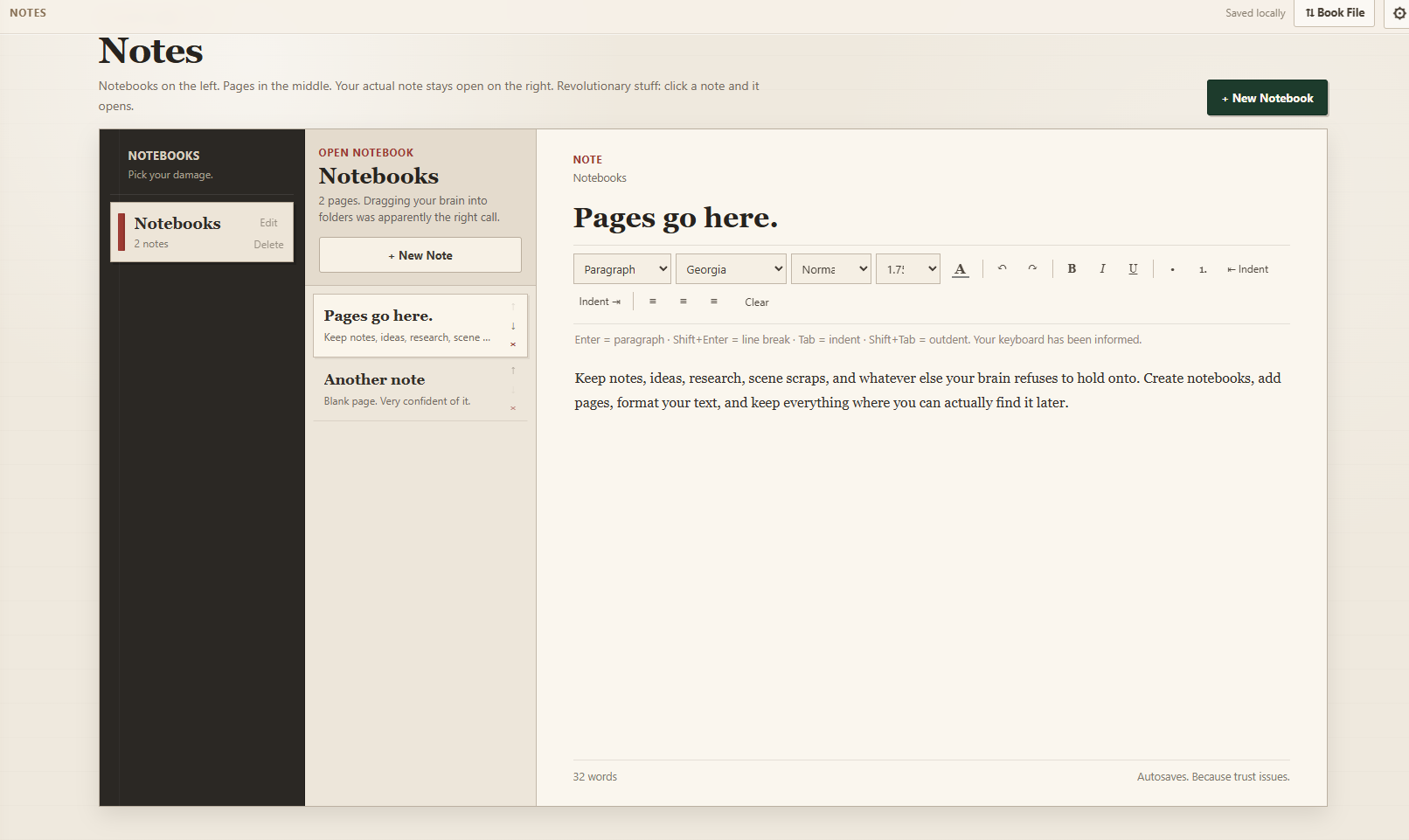 PeciaDesk notebook workspace with notebooks, pages, and rich text notes