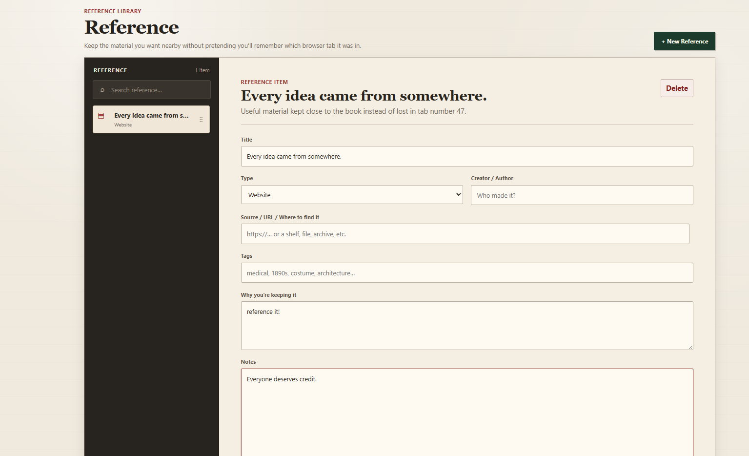 PeciaDesk reference library item with source and credit fields