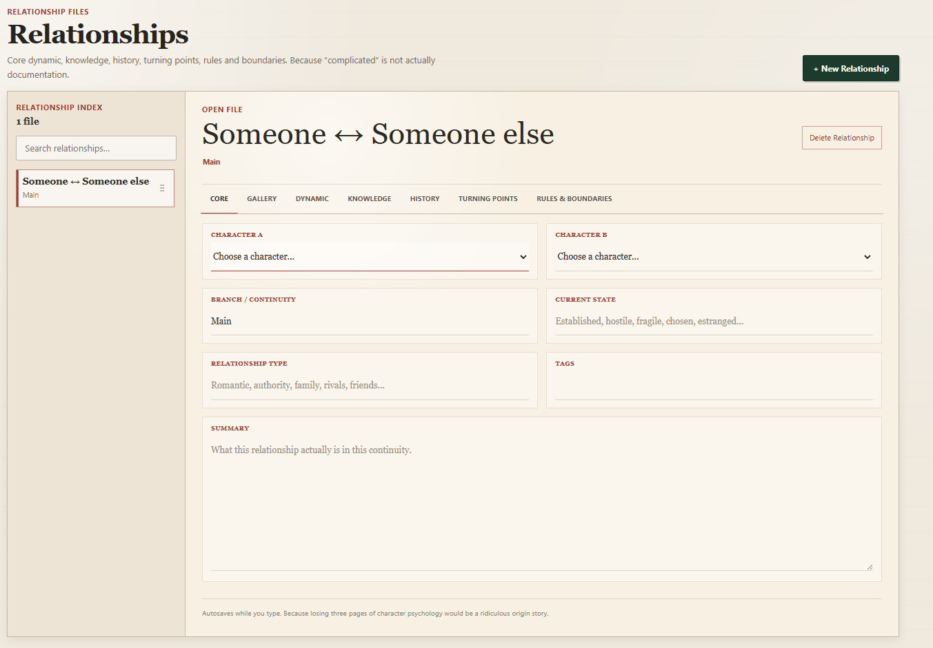 PeciaDesk relationship file for tracking two connected characters