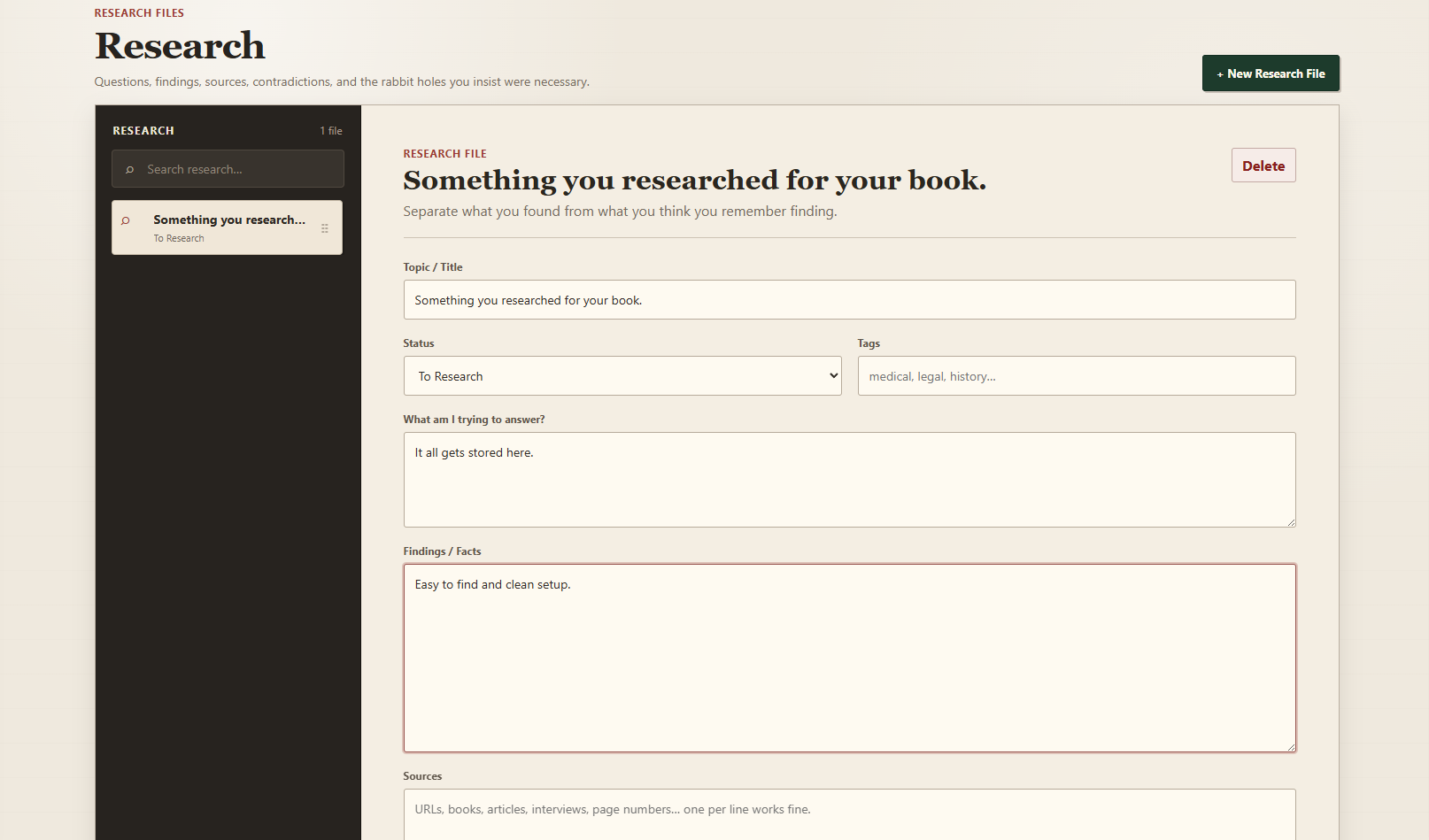 PeciaDesk research file with questions, findings, tags, and sources