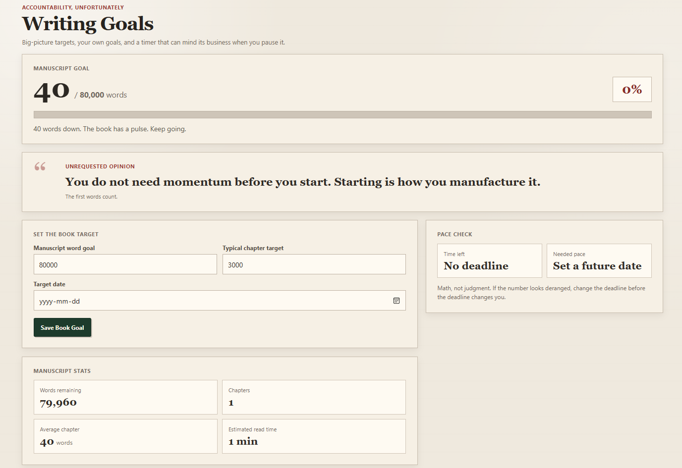 PeciaDesk writing goals dashboard with manuscript target and statistics